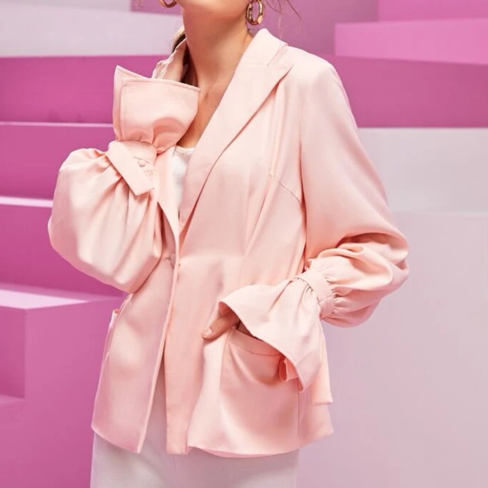 Solid Flounce Sleeve Single Button Blazer - image 2